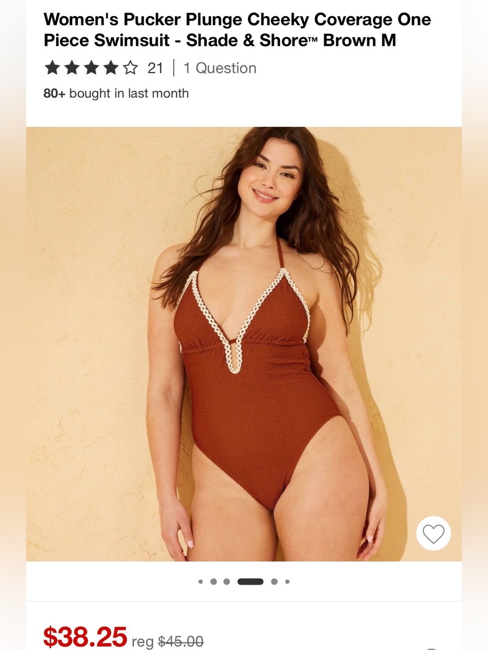 Shade & Shore Brown Pucker Plunge Cheeky One-Piece Swimsuit M